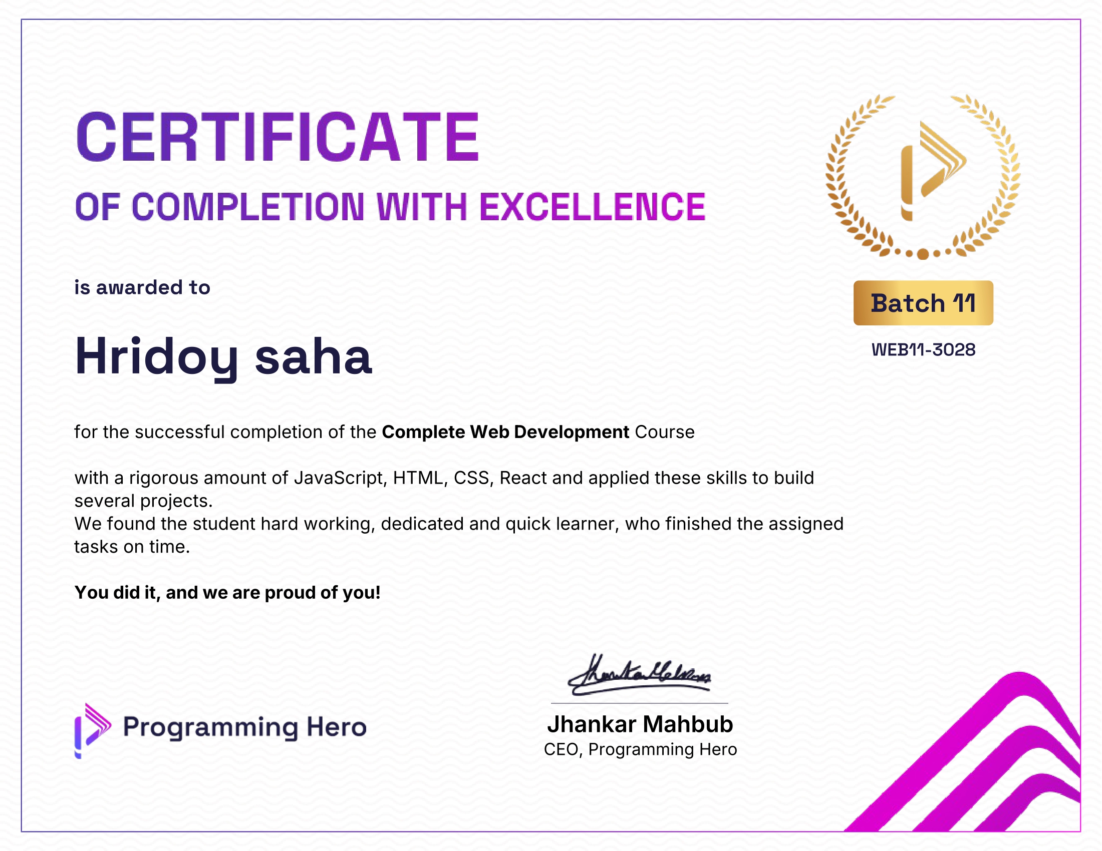 Complete Web Development Course certificate